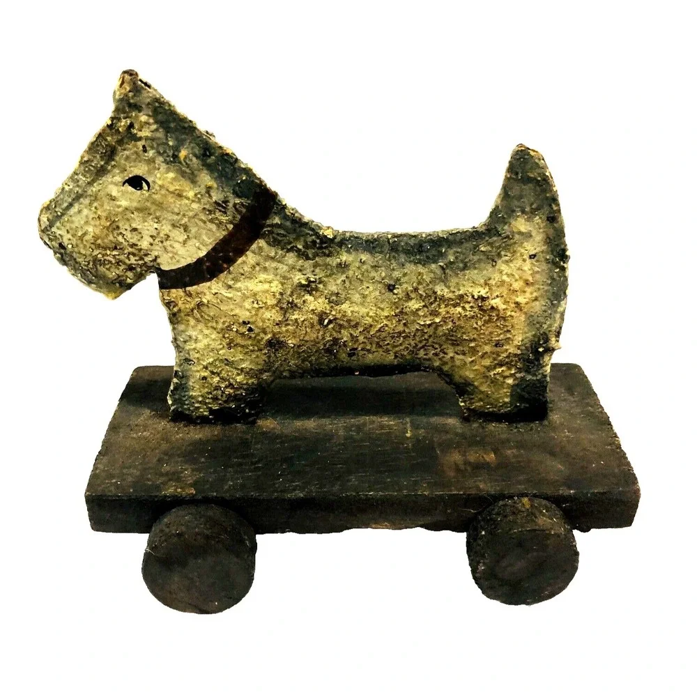 Vintage Tin Metal Wood Dog Puppy Pull Toy Terrier Hand Paint Primitive‎ Country
